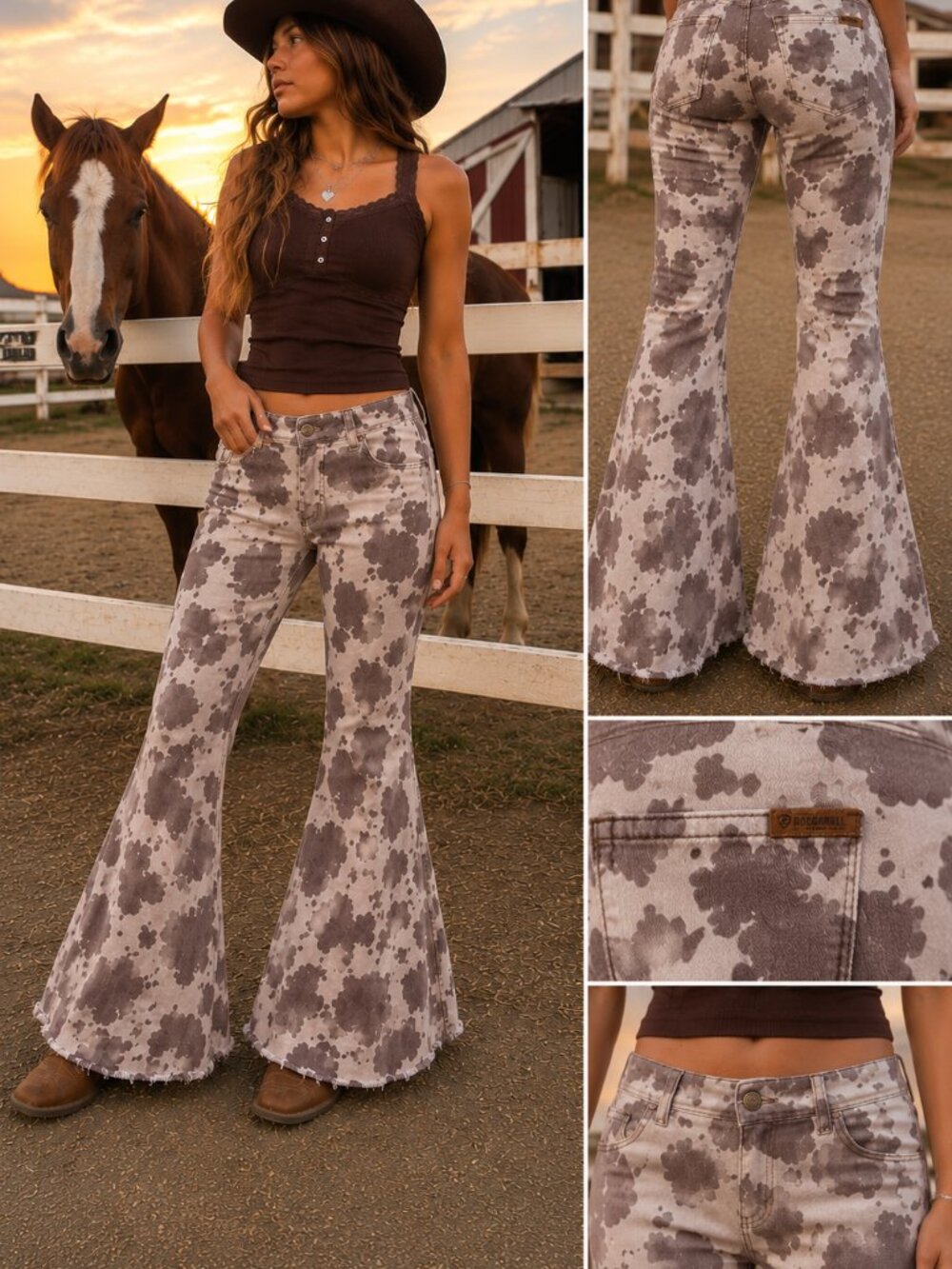 Rock & Roll Denim Girls 16 Cow Print Bell Bottom Flare Jeans Y2K Western